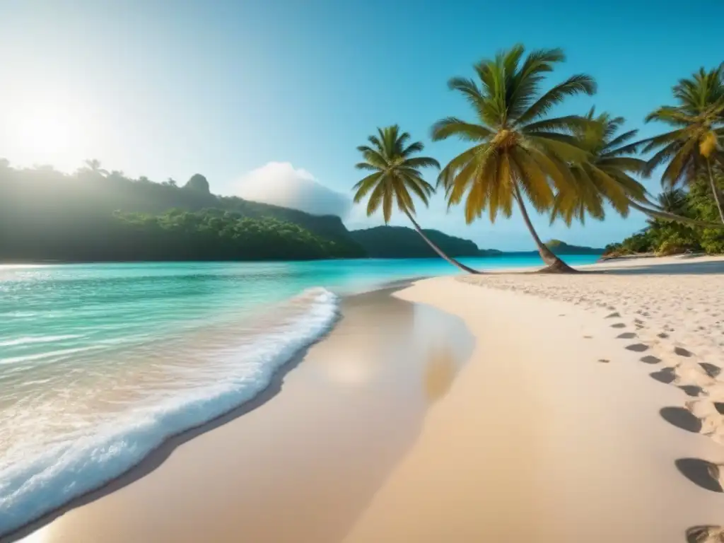 Paraíso playero: arena blanca, aguas turquesas y palmeras verdes Un paraíso costero con aguas turquesas, arena blanca y palmeras