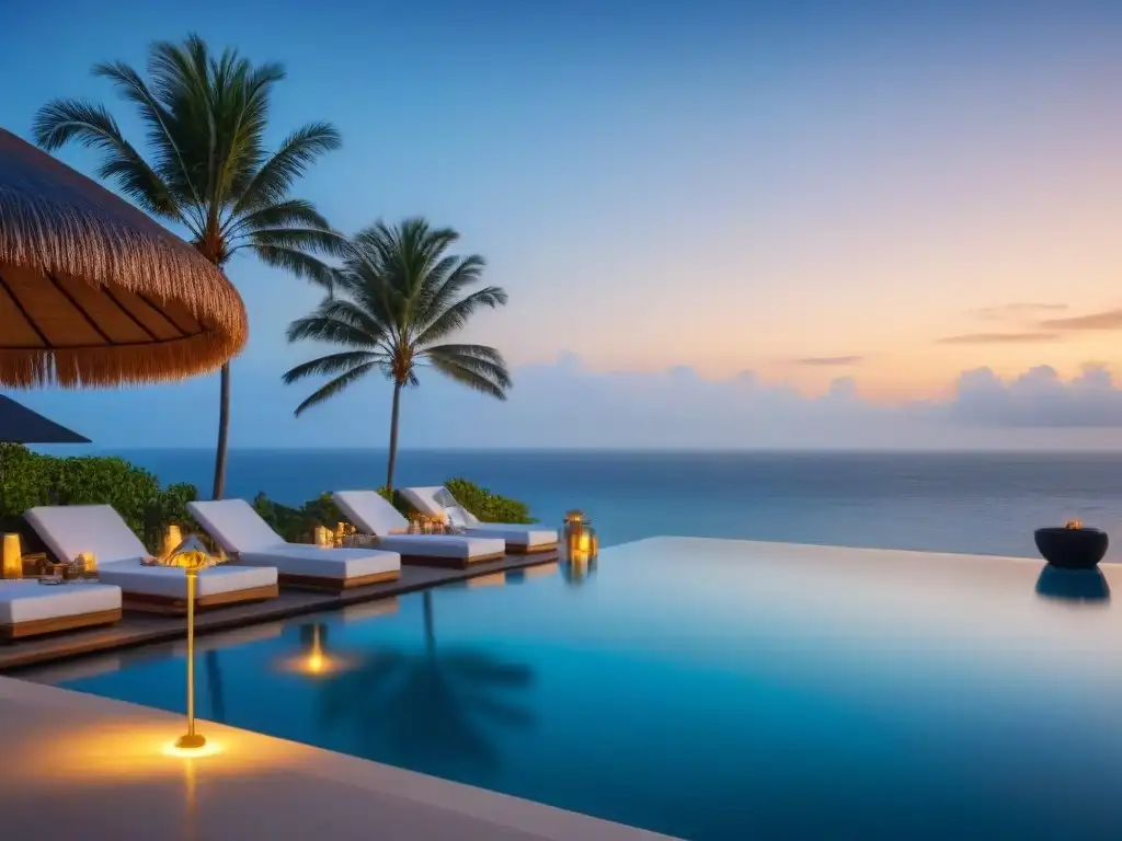 Resort de lujo frente al mar con piscinas infinitas y atardecer dorado Un paraíso costero de lujo con arquitectura moderna, piscinas infinitas, palmeras y áreas de descanso elegantes