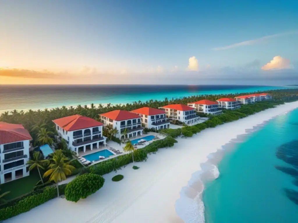 Paraíso tropical: resort de lujo en venta con atardecer dorado Un paraíso costero de lujo al atardecer con aguas turquesas, playas blancas y villas elegantes