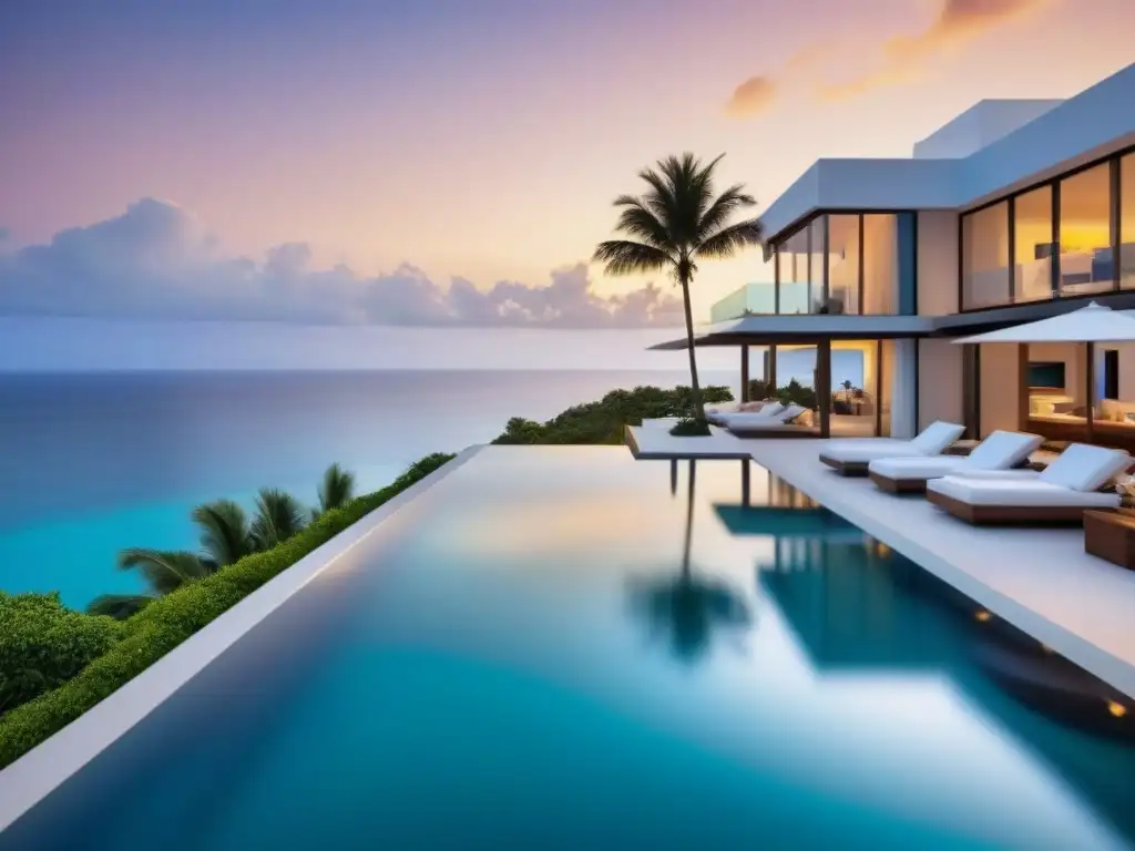 Villa de lujo frente al mar: atardecer dorado en paraíso costero Un paraíso costero de lujo al atardecer con villa, piscina infinita y palmeras, ideal para inversores globales en marketing villas vacacionales