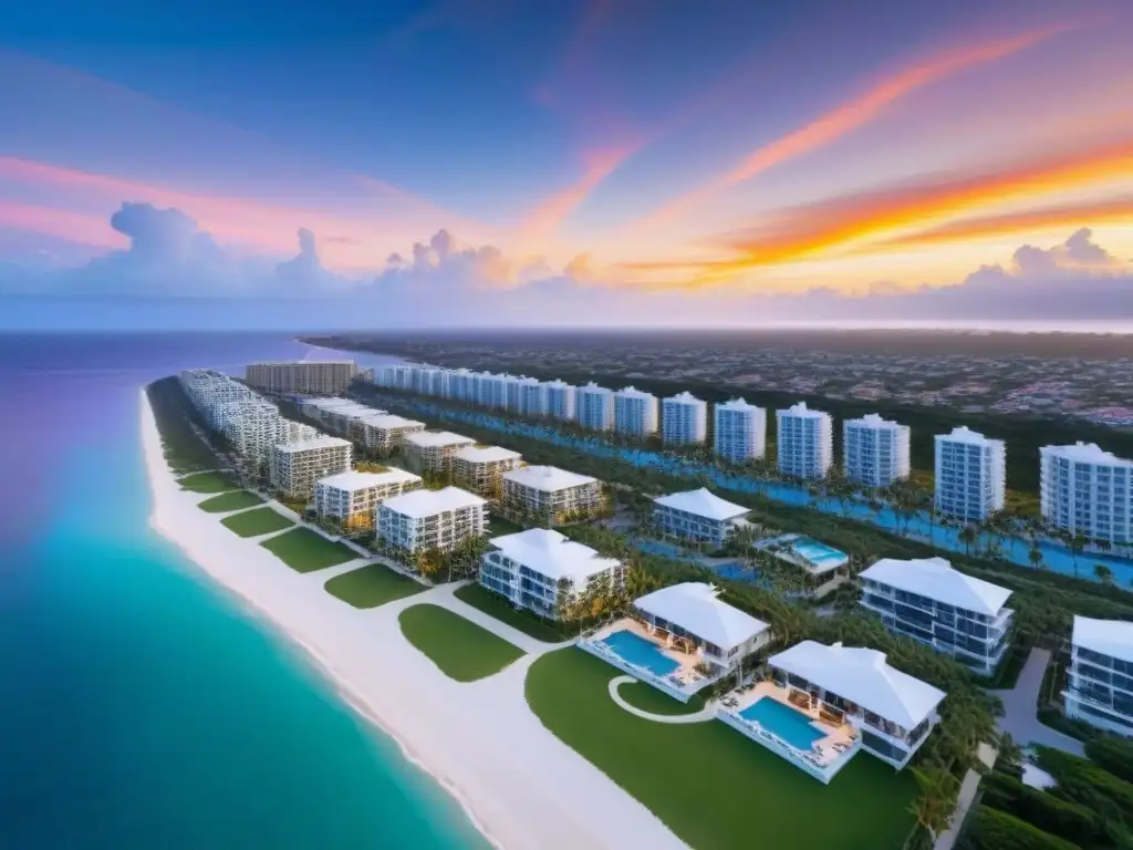 Esplendor costero al atardecer: lujo y modernidad en paraíso vacacional Un paraíso costero con modernos edificios y villas tradicionales, reflejando la inversión inmobiliaria vacacional post-pandemia