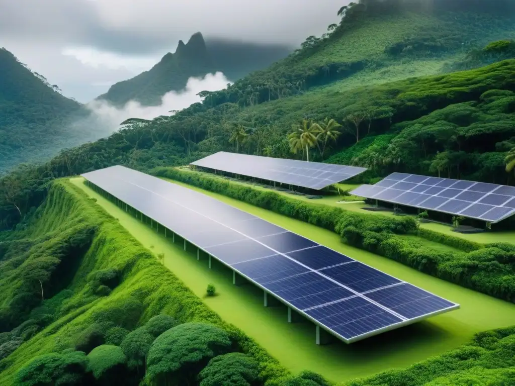 Resort ecológico en selva tropical: lujo sostenible Un paraíso ecoamigable en la selva tropical con paneles solares, turbinas eólicas y estaciones de carga para autos eléctricos