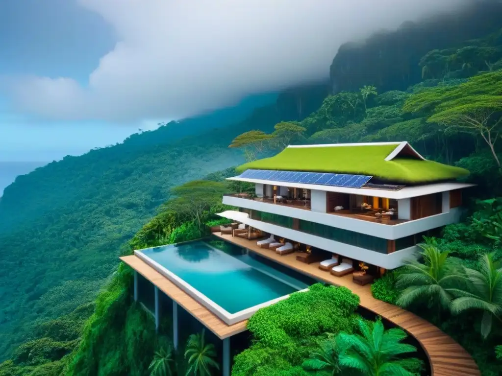 Resort ecológico de lujo en selva tropical Un paraíso ecoamigable en la selva tropical, con diseño sostenible y huéspedes disfrutando de actividades ecofriendly