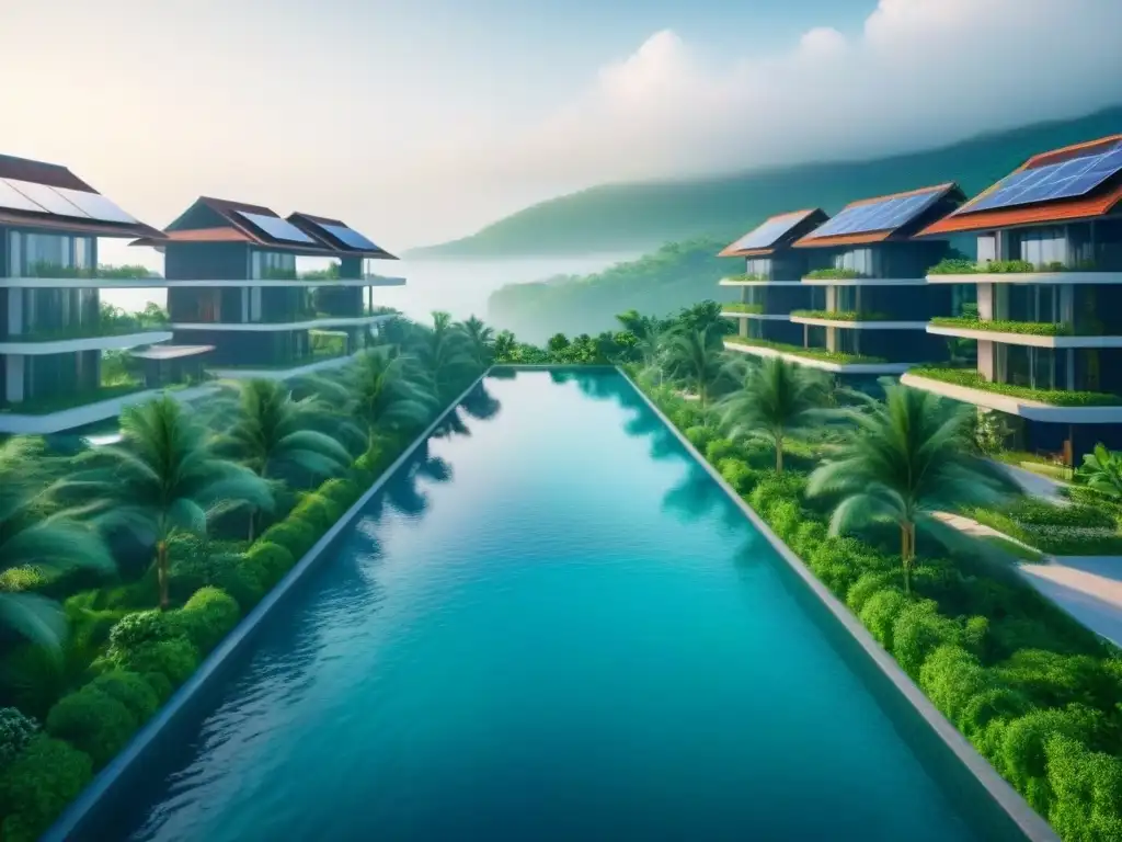 Resort ecológico de lujo: tranquilidad y sostenibilidad Un paraíso ecofriendly con arquitectura sostenible y huéspedes disfrutando de instalaciones de lujo y naturaleza exuberante