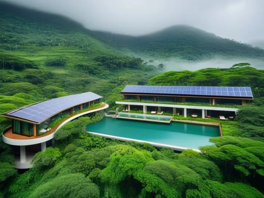 Resort ecológico de lujo en bosque verde: diseño sostenible Un paraíso ecofriendly: complejo turístico internacional en un bosque verde con diseño sostenible y lujosas amenidades