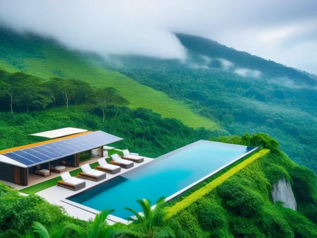 Ecoresort sostenible: lujo en armonía con la naturaleza Un paraíso ecológico: ecoresort sostenible entre naturaleza exuberante, paneles solares brillantes y huéspedes disfrutando actividades ecoamigables