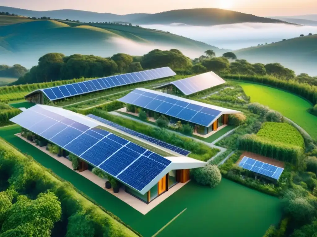Desarrollo rural eco-amigable del futuro Un paraíso ecológico y futurista integrado en la naturaleza con jardines comunitarios, paneles solares y tecnología avanzada