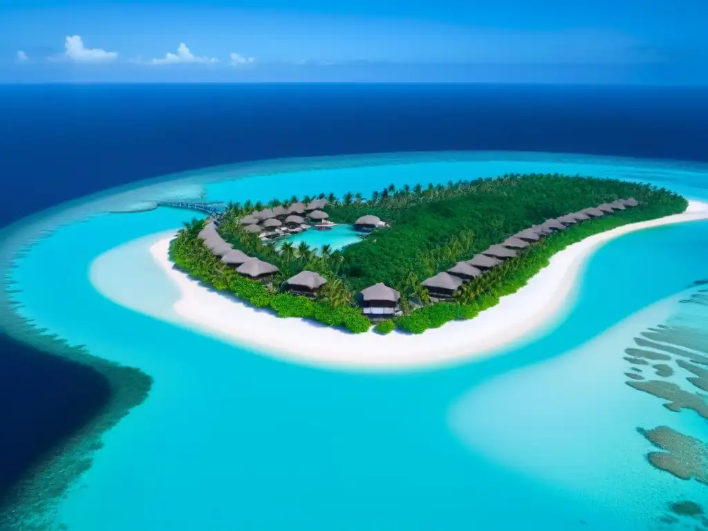 Paraíso eco-lujoso: isla privada con bungalows sobre el agua Un paraíso ecológico: lujoso resort en isla privada, bungalows sobre el agua y arrecifes coloridos