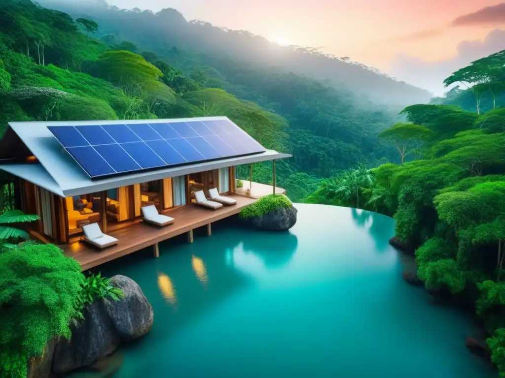 Ecoresort eco-amigable en selva tropical Un paraíso ecológico con paneles solares, piscina infinita y huéspedes practicando yoga