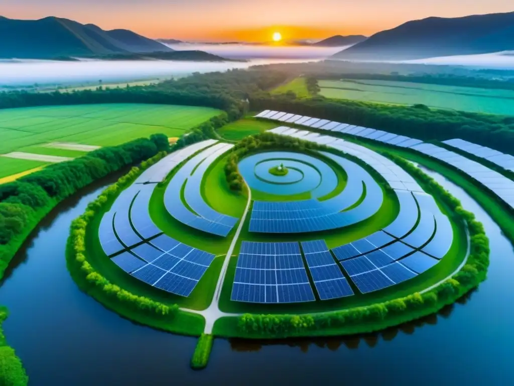 Propiedad ecológica: armonía natural y tecnológica Un paraíso ecológico con paneles solares, molinos eólicos y un río cristalino al atardecer