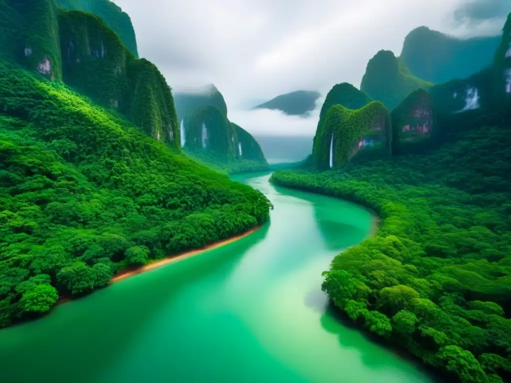 Paraíso verde: bosque tropical con río cristalino Un paraíso ecológico con río cristalino, exuberante selva y aves coloridas