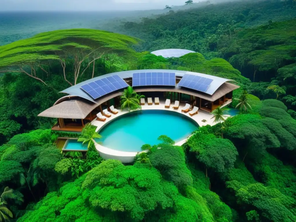 Resort ecoamigable en selva tropical: lujo sostenible Un paraíso ecológico en la selva tropical con arquitectura sostenible, piscina infinita y río cristalino