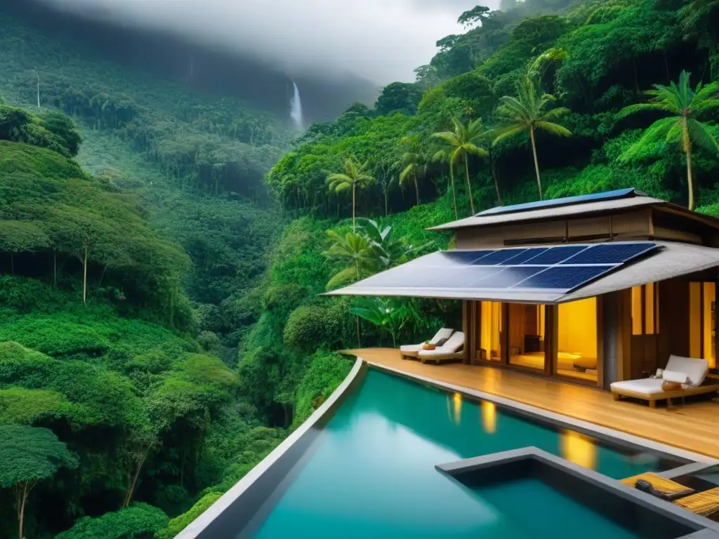 Resort ecológico en selva tropical: lujo sostenible Un paraíso ecológico en la selva tropical con arquitectura sostenible y una piscina infinita cristalina