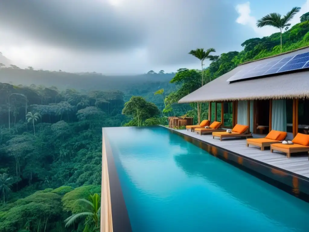 Resort ecológico de lujo en la selva tropical: 8k detallado Un paraíso ecológico en la selva tropical con actividades sostenibles y lujo, ideal para la comparativa inversión complejos turísticos