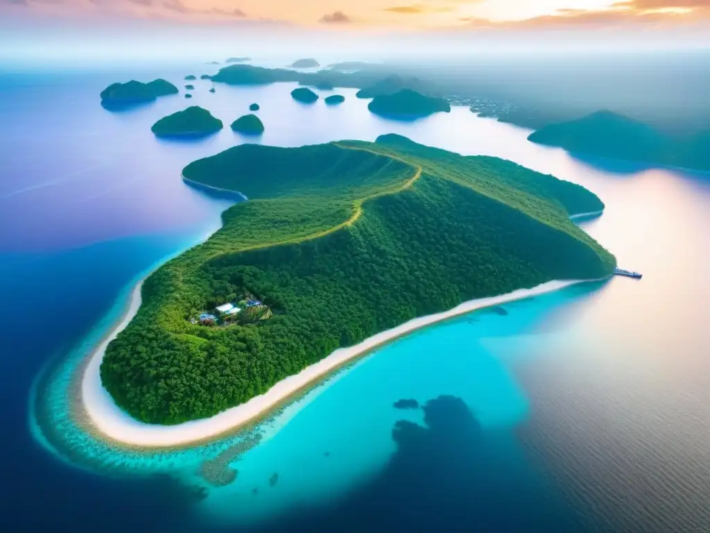 Paraíso exclusivo: isla privada de lujo con villas y yates Un paraíso exclusivo para inversionistas globales: isla privada con aguas turquesa, villas de lujo y yates en un atardecer dorado