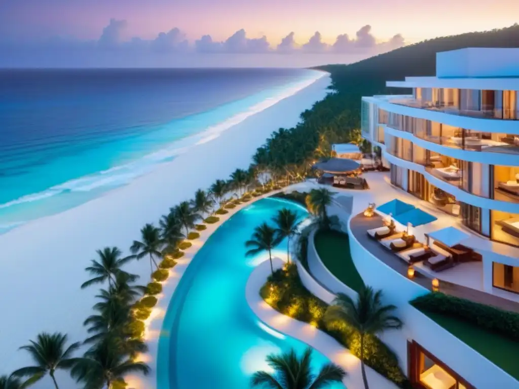 Resort de lujo frente al mar al atardecer: exclusividad y sofisticación Un paraíso exclusivo de lujo en la playa al atardecer