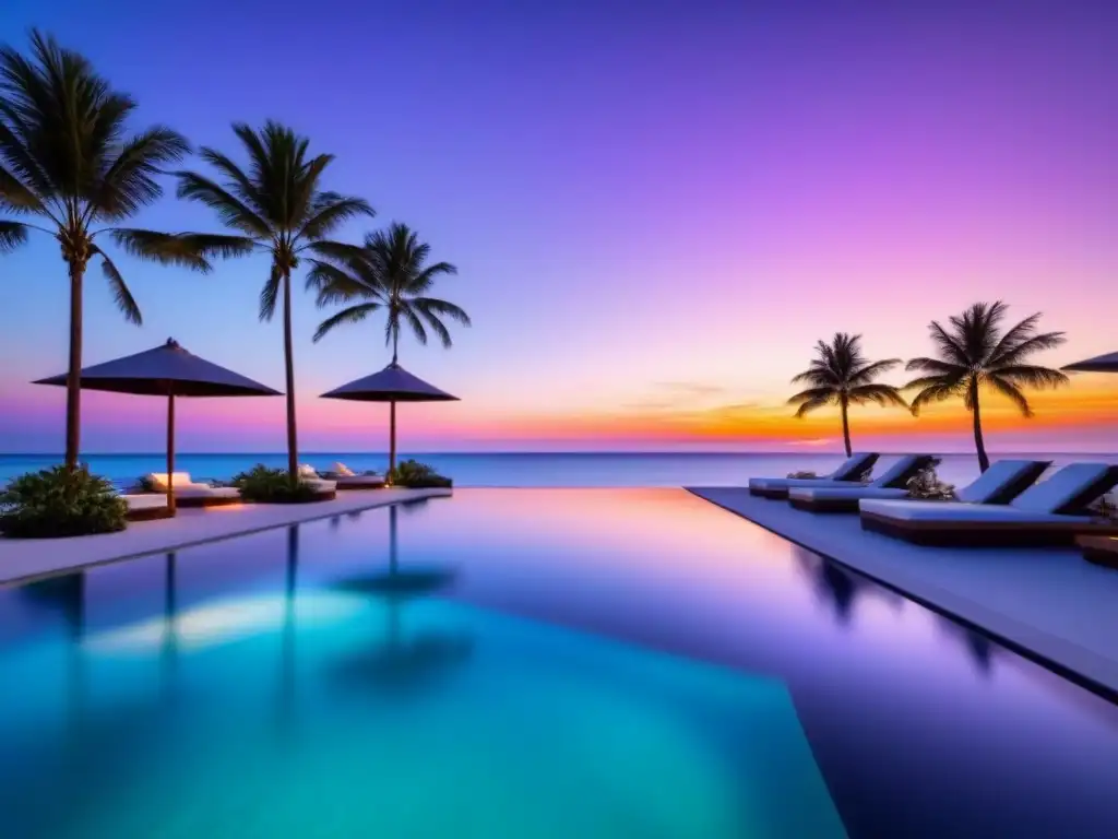Resort de lujo frente al mar: relax y exclusividad en un paraíso tropical Un paraíso exclusivo en la playa con aguas turquesas, palmeras y atardecer vibrante
