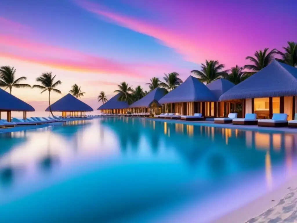 Resort de lujo en playa paradisíaca con atardecer vibrante Un paraíso exclusivo en un resort de lujo frente al mar con aguas turquesas, playas blancas y atardecer vibrante