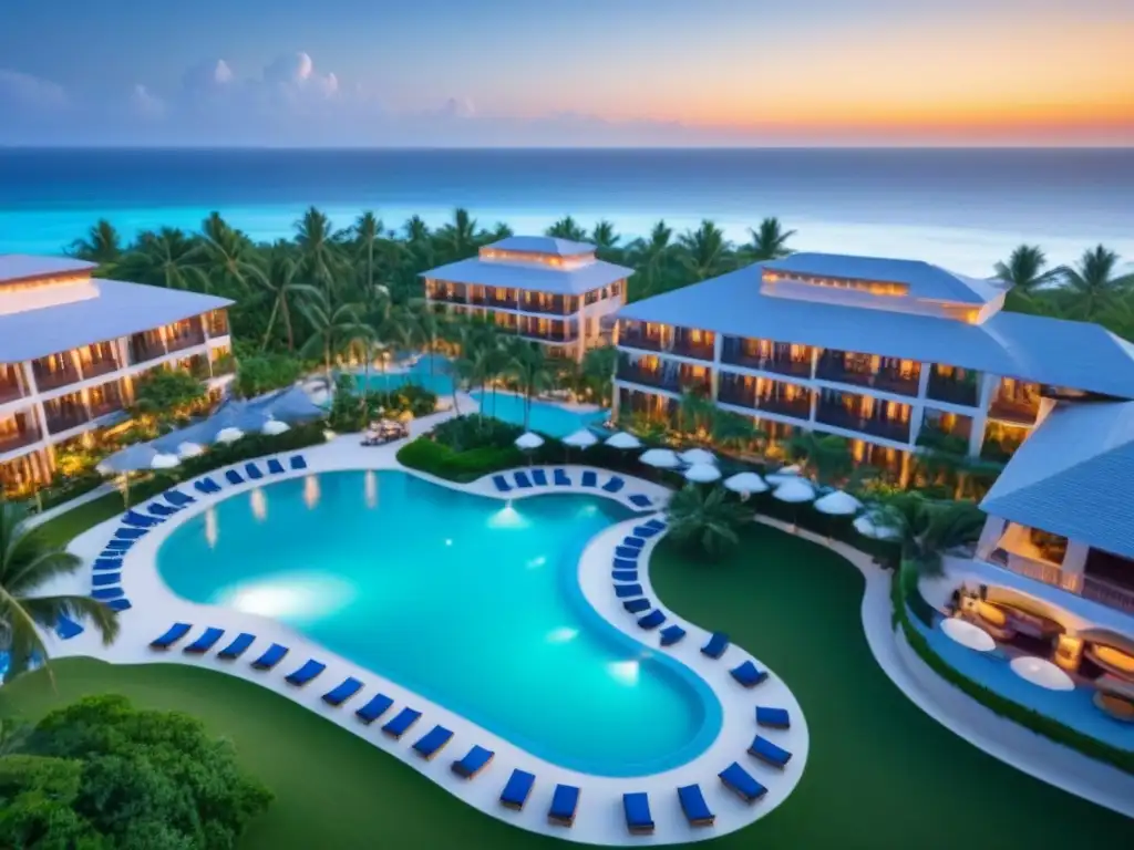 Exclusivo resort de lujo frente al mar: atardeceres y opulencia Un paraíso exclusivo de resorts de tiempo compartido de lujo con vistas al mar turquesa y atardecer dorado