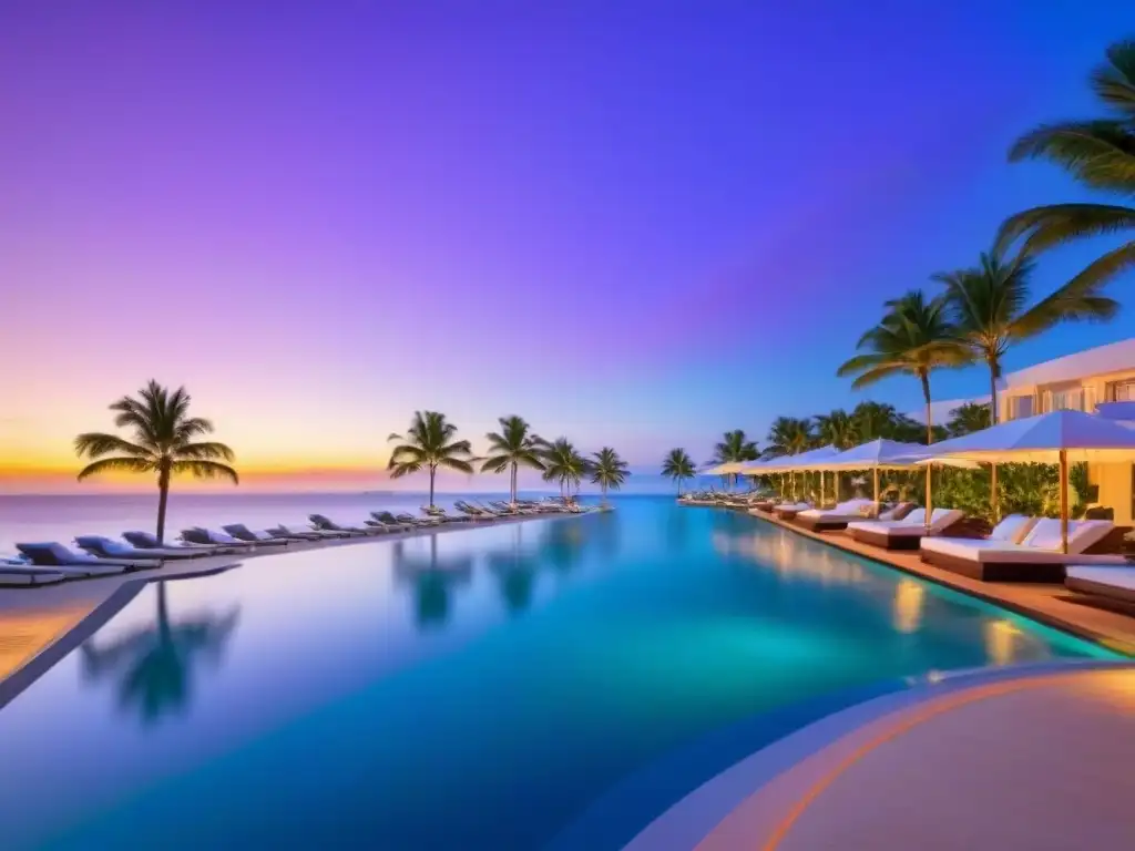 Resort de lujo frente a la playa con atardecer vibrante y aguas turquesas Un paraíso frente al mar con aguas turquesas, palmeras y atardecer vibrante