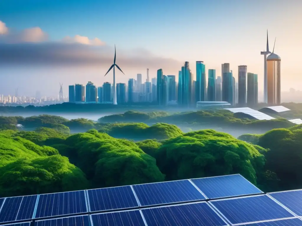 Horizonte futurista: arquitectura moderna y naturaleza en perfecta armonía Un paraíso hightech: skyline futurista con rascacielos y naturaleza en armonía