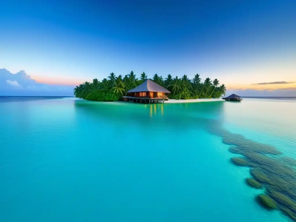 Paraíso tropical de lujo: atardecer en un resort privado Un paraíso de isla privada con aguas turquesas, playas de arena blanca, palmeras verdes y bungalows sobre el agua al atardecer
