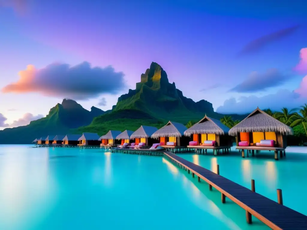 Paraíso exclusivo en Bora Bora: Resort de lujo frente al mar Un paraíso de lujo en Bora Bora con aguas turquesas, bungalows sobre el agua y atardecer en tonos rosados y naranjas