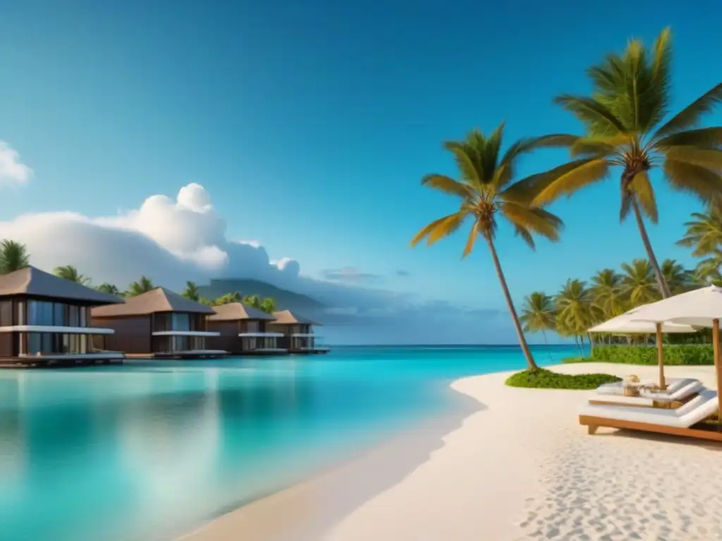 Paraíso de lujo: resort vacacional de diseño moderno en 8k Un paraíso de lujo y descanso con palmeras, agua turquesa y arquitectura moderna