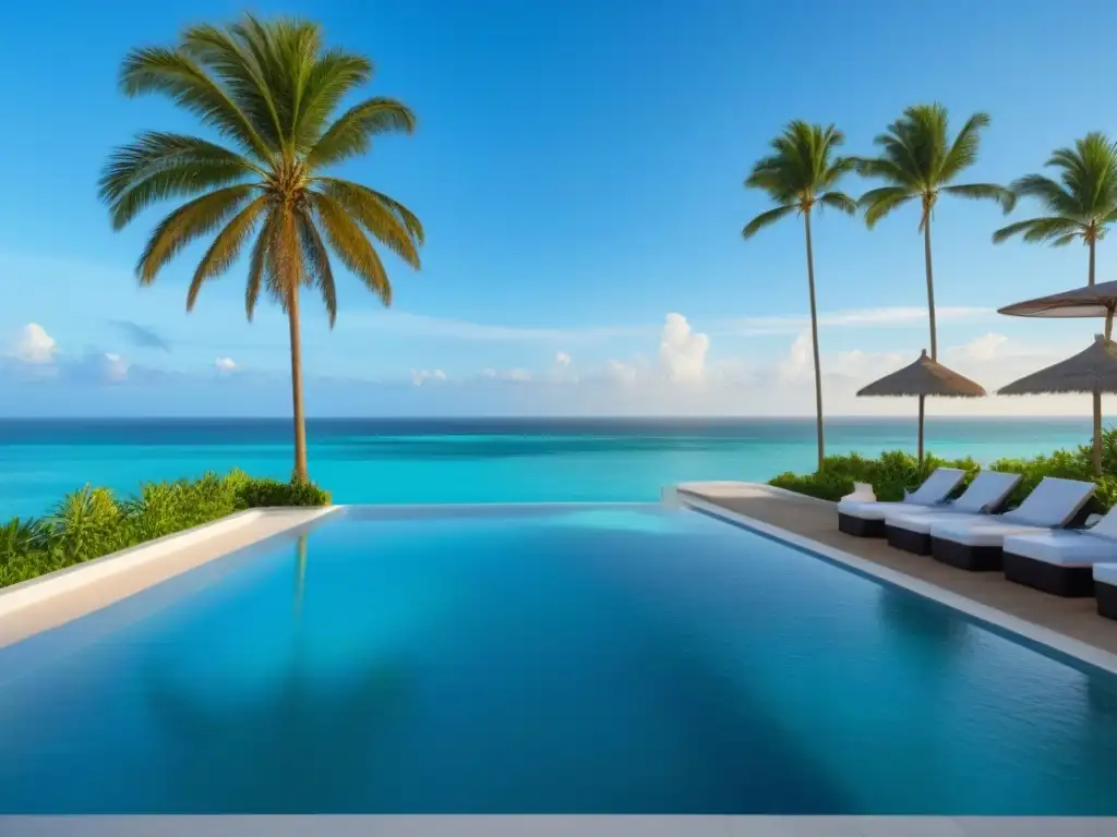 Resort de lujo frente al mar con piscina infinita y hamaca entre palmeras Un paraíso de lujo frente a la playa con piscina infinita, palmeras, pareja en hamaca