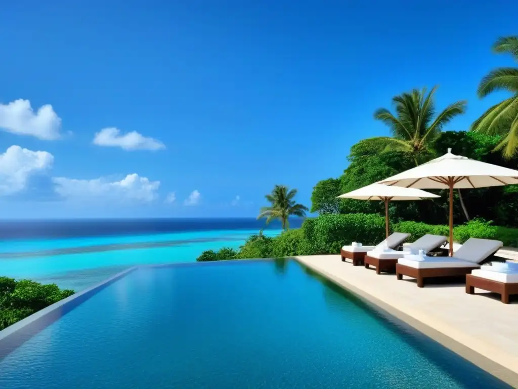 Paraíso tropical de lujo: Resort frente al mar con infinity pool y cócteles Un paraíso de lujo frente a la playa con aguas turquesas, palmeras, piscina infinity y cócteles, ideal para invertir
