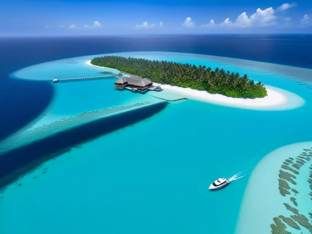 Paraíso privado: lujoso resort en isla exclusiva Un paraíso de lujo en una isla privada: bungalows sobre el agua, playas de arena blanca y un yate en el muelle