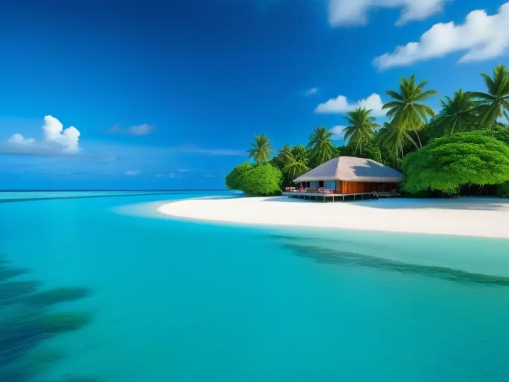 Paraíso exclusivo: resort de lujo en isla privada Un paraíso de lujo en una isla privada con aguas turquesas, playas de arena blanca, palmeras verdes y bungalows sobre el agua