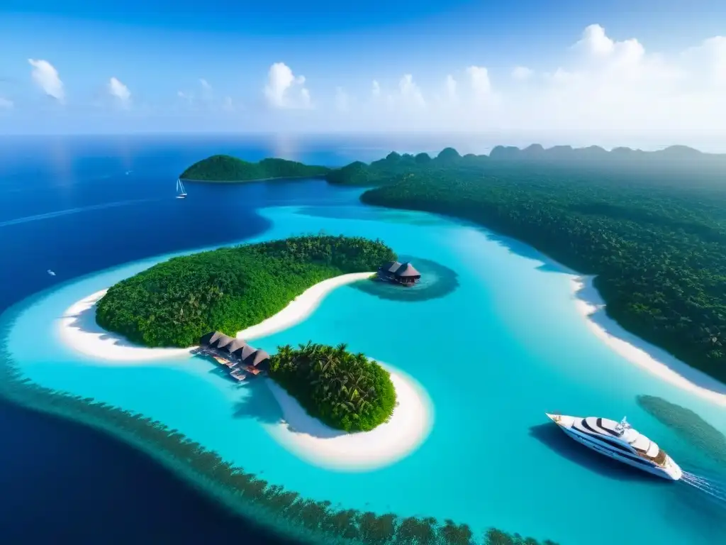 Paraíso privado: isla tropical con bungalows de lujo y yate al atardecer Un paraíso de lujo en una isla privada, con bungalows sobre el agua y una playa de arena blanca