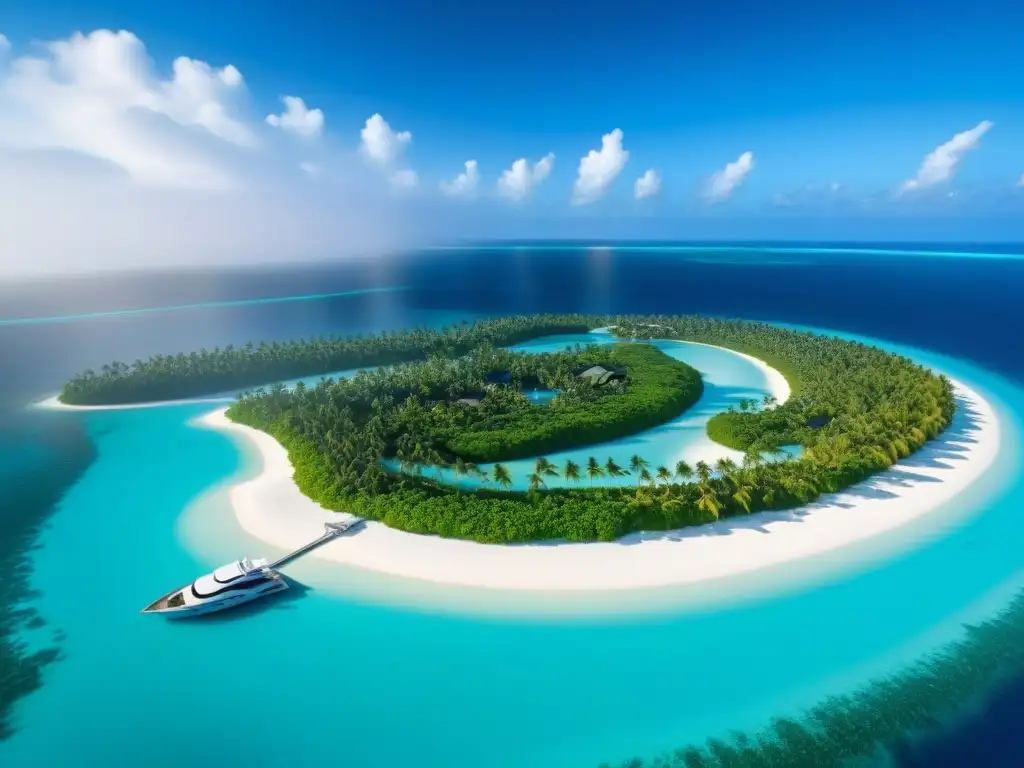 Paraíso privado de lujo: isla exclusiva en ultra 8k Un paraíso de lujo en una isla privada: aguas turquesas, playas blancas, palmeras, villas sobre el agua y un yate