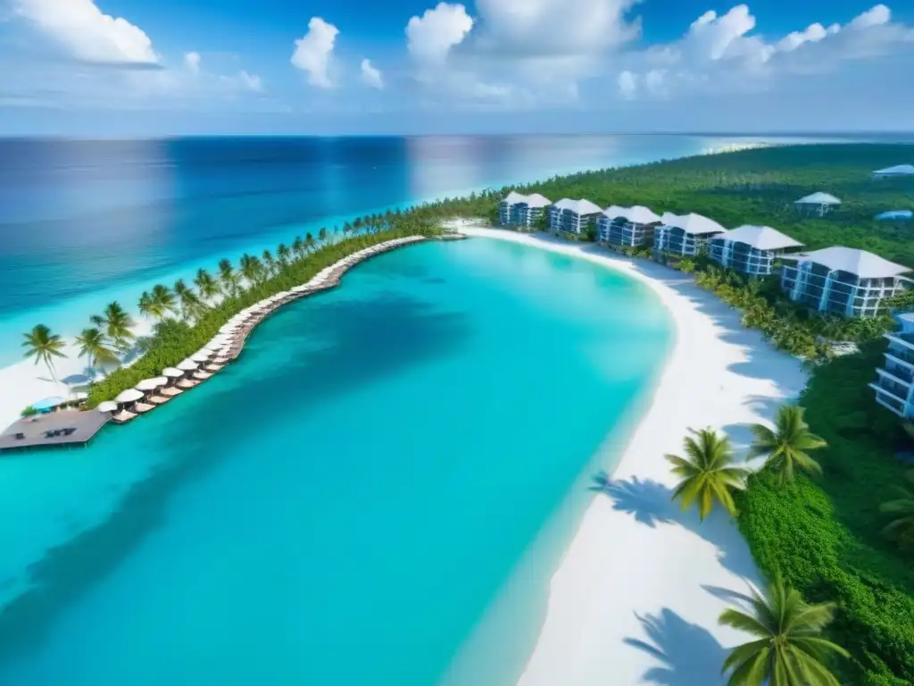 Resort de lujo frente al mar: escape y relax en paraísos turquesas Un paraíso de lujo frente al mar con aguas turquesas, palmeras y un ambiente de escape