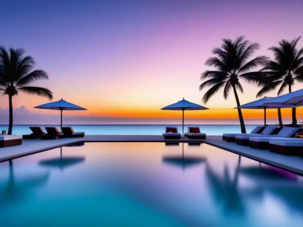Paraíso de lujo frente al mar: atardecer vibrante en resort exclusivo Un paraíso de lujo frente al mar con aguas turquesas, arena blanca, palmeras y sombrillas