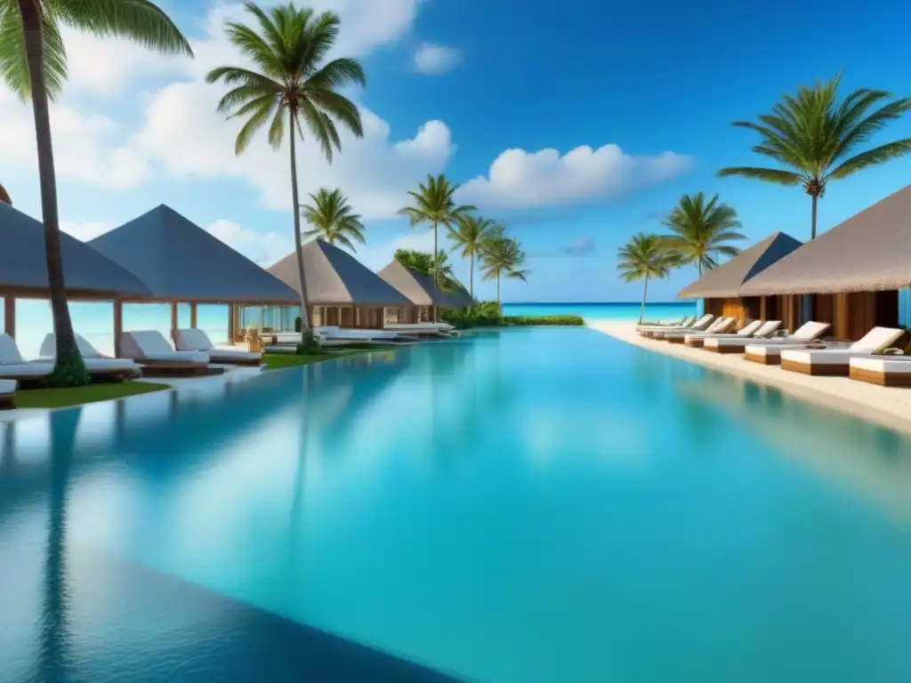 Paraíso playero: resort de lujo frente al mar Un paraíso de lujo frente al mar con aguas turquesas, playas blancas y palmeras