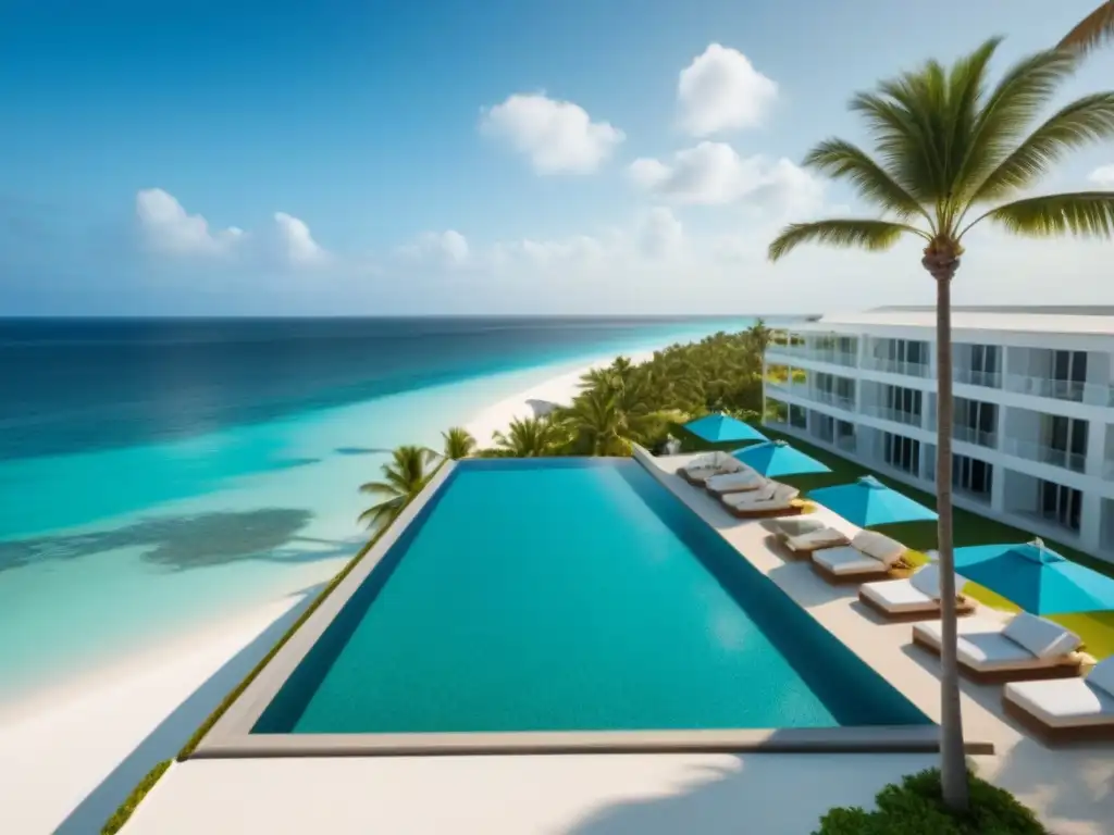Paraíso costero de lujo: aguas turquesas y exclusividad Un paraíso de lujo frente al mar con aguas turquesas, palmeras y elegantes cabanas