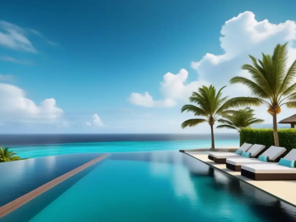 Propiedad de lujo frente al mar con piscina infinita y palmeras Un paraíso de lujo frente al mar con piscina infinita, palmeras y aguas turquesas
