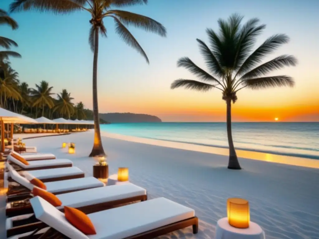 Resort de lujo frente al mar al atardecer con pareja romántica Un paraíso de lujo en la playa con aguas turquesas, palmeras y una cena romántica al atardecer