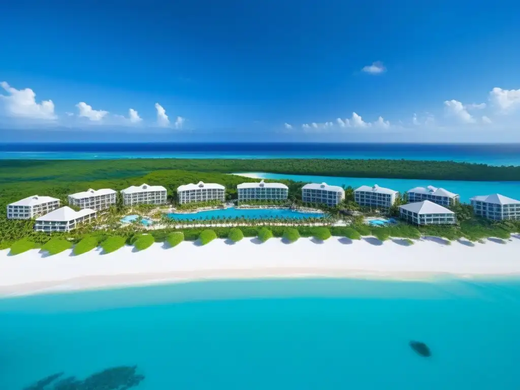 Paraíso de lujo: resort con vistas aéreas impresionantes Un paraíso de lujo: Resorts de tiempo compartido de lujo con arquitectura moderna, piscinas infinitas y playas de arena blanca al atardecer
