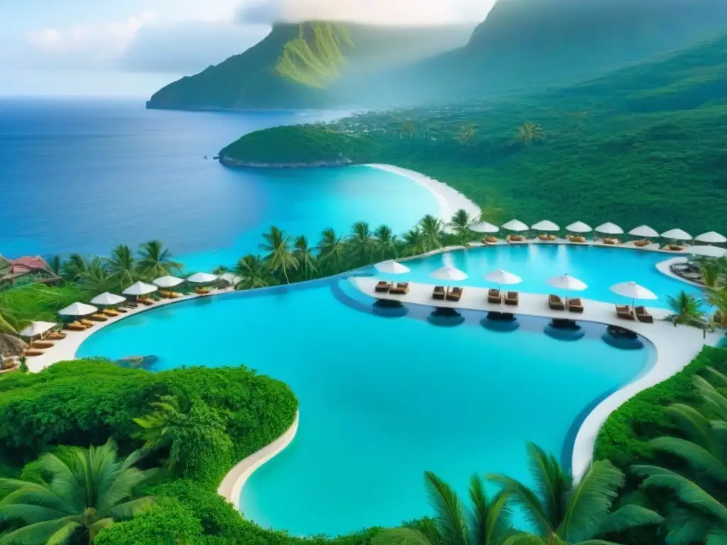 Paraíso de lujo: resort timeshare en montañas verdes y mar turquesa Un paraíso de lujo en resorts de tiempo compartido lujo, con piscinas infinitas y vistas al mar turquesa