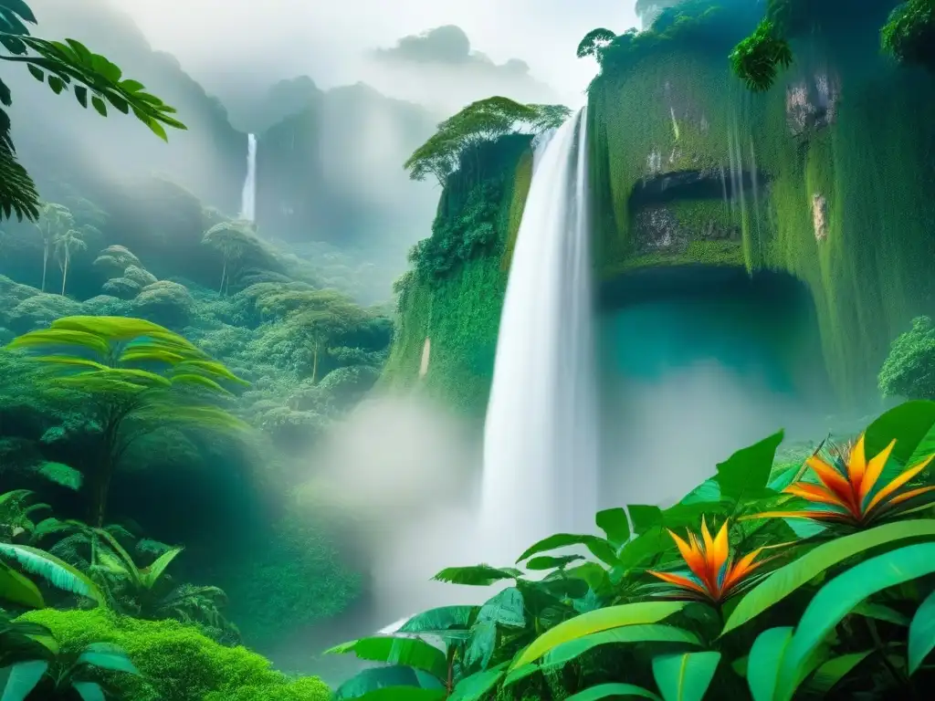 Selva tropical exuberante: biodiversidad y belleza natural Un paraíso natural en destinos turísticos ecológicos internacionales: exuberante selva con aves, cascada y flores tropicales