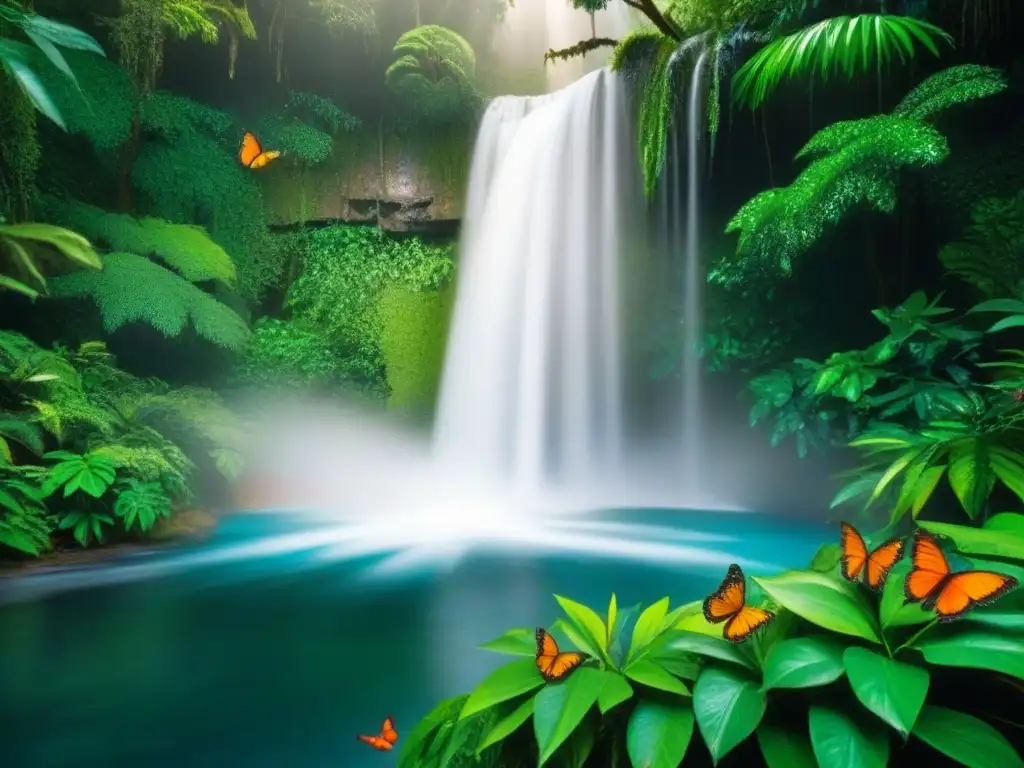 Paraíso tropical: cascada cristalina en la selva exuberante Un paraíso natural: selva tropical exuberante con cascada cristalina y fauna diversa