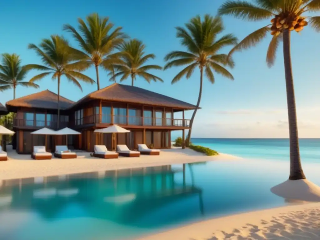 Exclusivo resort frente a la playa: lujo y relax en paraísos turquesa Un paraíso playero de lujo con mar turquesa, arena blanca, palmeras y arquitectura moderna