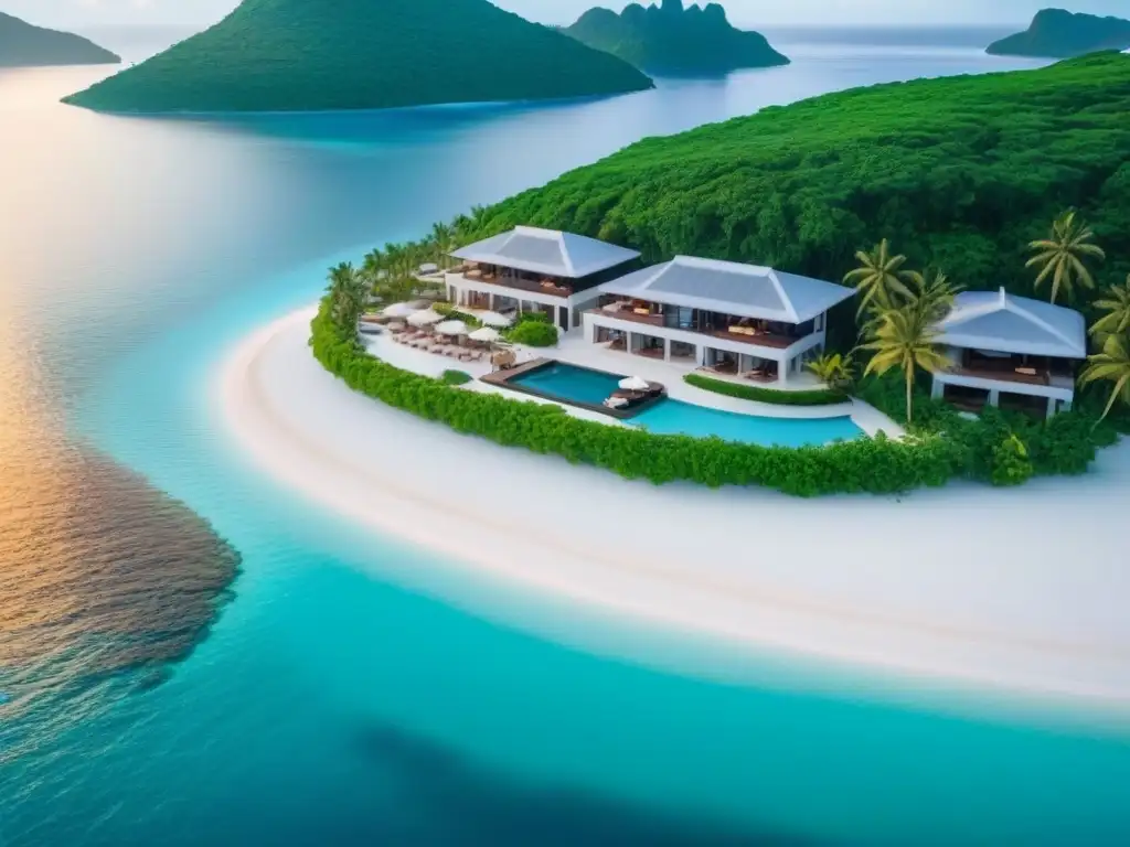 Paraíso privado: isla de lujo con villas modernas, vegetación exuberante y yate, al atardecer