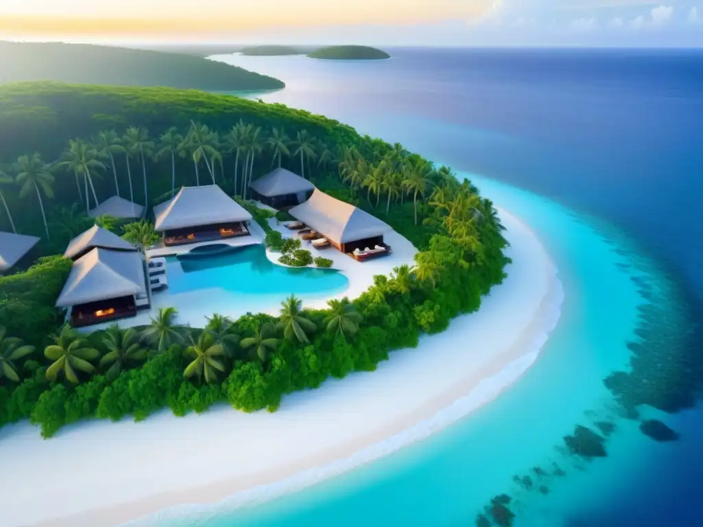 Paraíso privado: lujo y romance en isla exclusiva Un paraíso privado de lujo: isla, villas con piscinas infinitas, playa, vegetación exuberante, yate