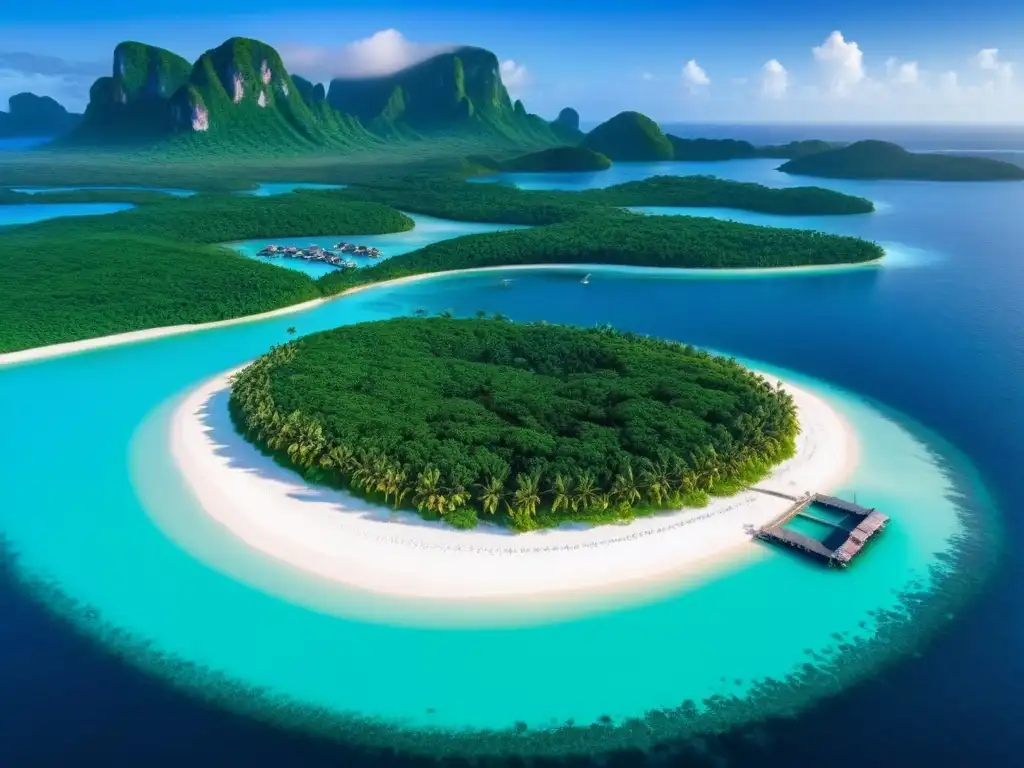 Paraíso privado: isla exclusiva con vistas impresionantes Un paraíso privado con villas y muelle para yates, rodeado de aguas turquesas