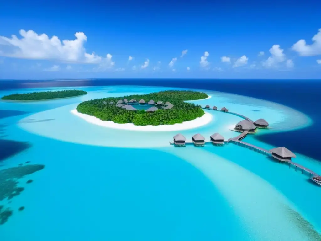 Paraíso de lujo: resort privado en isla paradisíaca Un paraíso de resorts de lujo en islas con aguas turquesas, playas blancas, exuberante vegetación y bungalows sobre el agua
