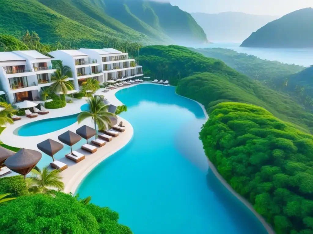Resort de lujo entre montañas y aguas turquesas Un paraíso de Resorts de tiempo compartido de lujo rodeado de montañas verdes y aguas turquesas cristalinas